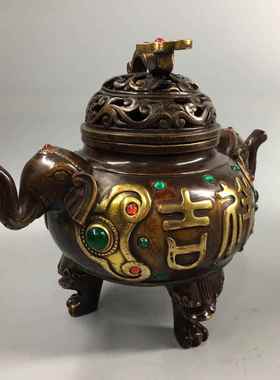 仿古铜摆件古玩铜器镶宝石吉祥如意象耳熏香炉古玩工艺品