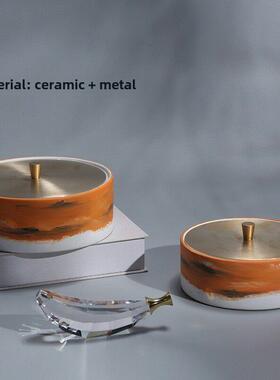 现代简约新中式手绘山橙色圆盖首饰盒摆件轻奢样板房黑色收纳饰品