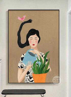 现代个性女孩浇花卧室床头挂画竖版简约ins风客厅餐厅斗柜装饰画