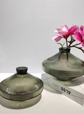 简约现代灰色条纹小口大肚玻璃花瓶家居茶几样板间插花装饰摆件