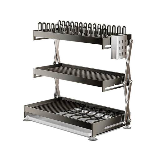 不锈钢双层厨房碗架免安装收纳置物架台面折叠沥水碗碟架子 - 图3