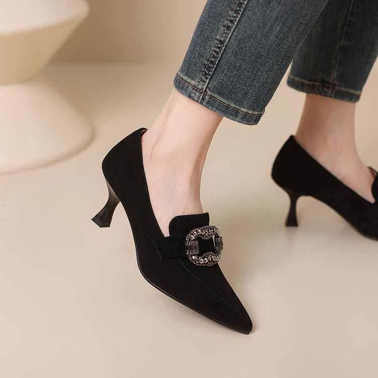 2025气质春秋新款尖头方扣水钻深口高跟单鞋女细跟不累脚女鞋,淘宝优惠券,粉丝福利购,淘宝优惠卷