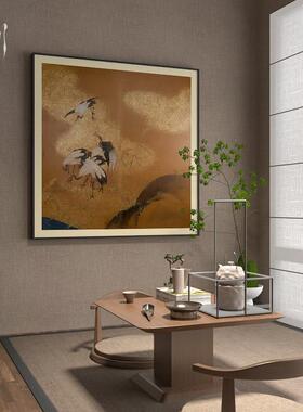 新中式古典仙鹤黄色中国风禅意玄关客厅装饰画背景墙壁画方形挂画