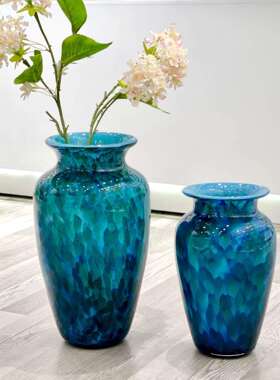现简约孔雀蓝厚重玻璃花瓶摆件客厅插花客厅玄关样板间插花琉璃花