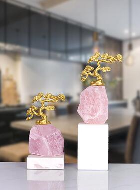 现代新中式发财树迎客松摆件样板间客厅书桌装饰品粉晶石婚庆礼品