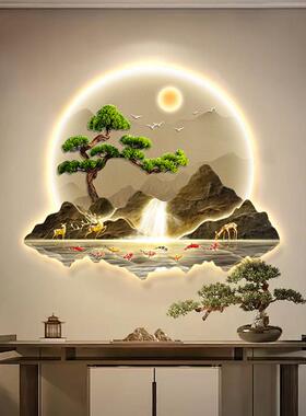流水生财新中式玄关装饰画入户正对门迎客松壁画led带灯山水挂画