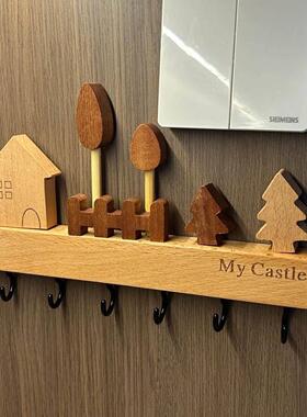 钥匙收纳玄关摆件壁挂式免打孔收纳架榉木挂钩中古风门口墙上装饰