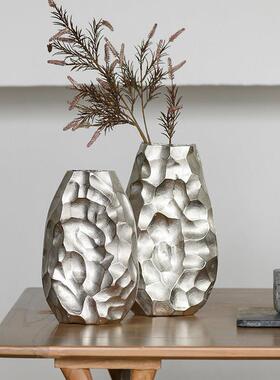 欧式现代简约铝制金属锤纹花器银色花瓶摆件样板间酒店客厅装饰品