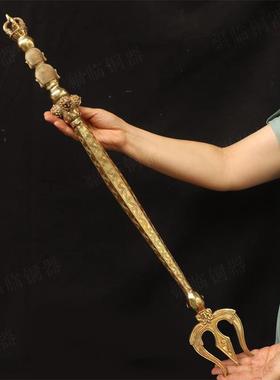 纯黄铜三叉金刚杵法器摆件家用佛堂道士佛头天杖降魔杵工艺品摆设