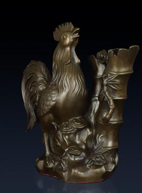 纯黄铜竹报平安鸡摆件中式铜鸡生肖鸡家居玄关办公室桌面装饰艺品