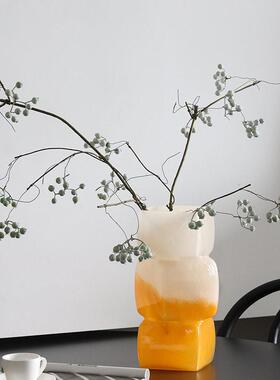 轻奢渐层阳光橘几何方块玻璃花瓶摆件法式中古高级感客厅桌面装饰