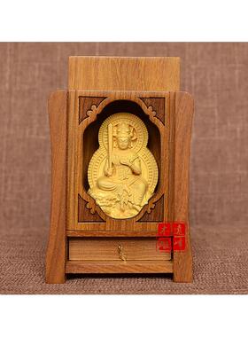 正品龛远峰阁文殊萨属相兔菩守护神黄随杨木雕刻佛像身携带佛佛盒