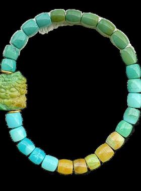 天然原矿高瓷绿松石老型手串麒麟宝宝18k金配饰手链珠链珠串5.6mm