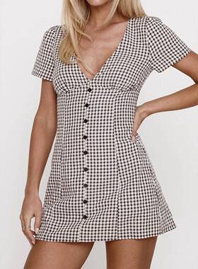 Women's Plaid Print Button Decor V Neck Dress Casual Short