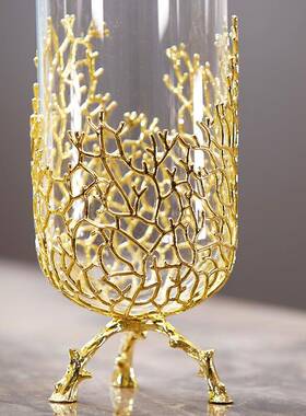 新款直销现代金属玻璃花瓶轻奢风格金色室内客厅餐桌玄关电视柜后