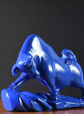 牛摆件蓝色木雕实木质牛气冲天生肖家居客厅办公室装饰红木工艺品