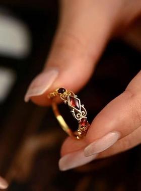 《绯红香氛》红色错石戒指小众复古原创设计轻奢ins时尚精致百搭