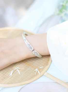 高档游创戈银鱼 原999足古文艺清新手镯环哑光开复口刻字送妈女友