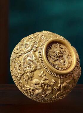 黄铜浮雕九龙供水碗圣水杯净水杯家用摆件开 业乔迁佛前供碗龙碗