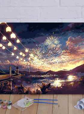 数字油画华灯初上风景手工diy填色画填充颜料手绘油彩画