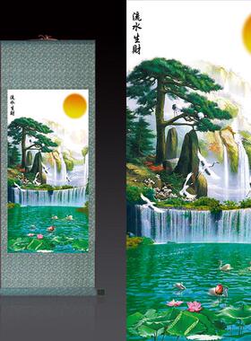 聚宝盆玄关丝绸卷轴画客厅办公室装饰画礼品画鸿运当头国画山水画