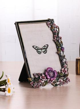 复古相框手绘花鸟相框桌面展示创意摆台金属框架家居饰品礼物