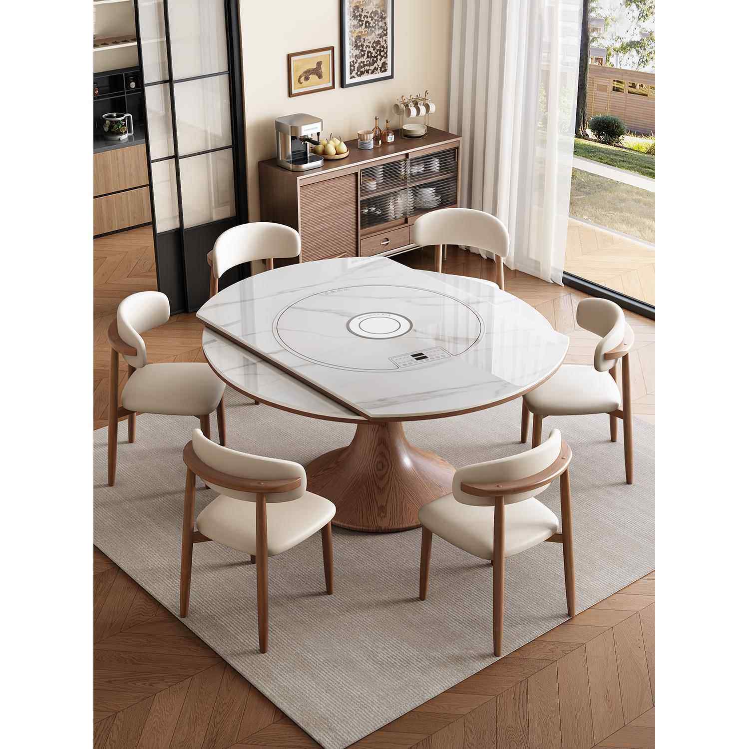 高端实木岩板伸缩折叠内嵌电磁炉餐桌椅家用小户型方圆两用大圆桌,淘宝优惠券,粉丝福利购,淘宝优惠卷