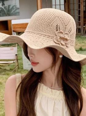 花朵可折叠防晒帽子女夏季新款渔夫帽草帽户外大帽檐遮阳太阳帽女