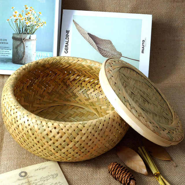Bamboo woven bird's nest household round egg basket with lid living room creative storage basket tea can bamboo products bamboo basket basket