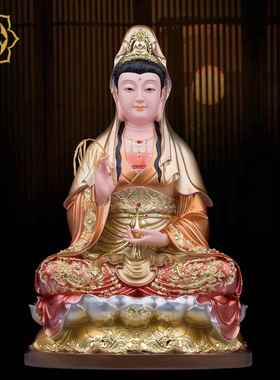 高档观菩萨佛像摆坐件汉观白玉彩绘莲观世音菩萨笑眼南海音家用摆