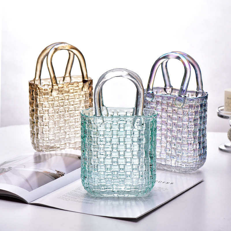 轻奢简约藤编包包玻璃花瓶气泡手提蓝客厅餐桌插花干花水培装饰品,淘宝优惠券,粉丝福利购,淘宝优惠卷