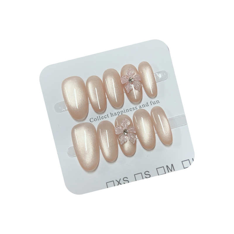 冰花之恋猫眼立体雕花温柔纯欲裸色显白日常纯手工穿戴美甲贴片 - 图2