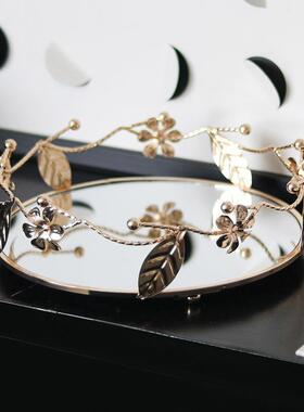 新中式圆形枝叶金属镜面托盘收纳摆件样板房酒店零食果盘家居饰品