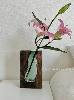 新中式原木透明绿色玻璃花瓶水培设计师装饰品侘寂风样板房摆件