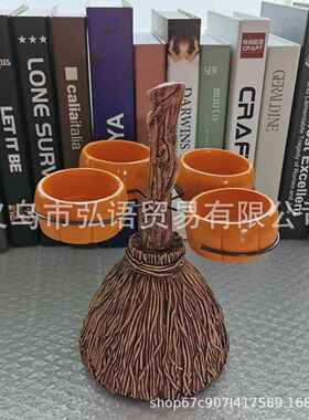 直销新款跨境新品南瓜小吃碗万圣节装饰树脂工艺品扫把桶摆件魔法