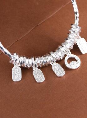 网红- 足银锤纹圆棍纳福吉言莲花吊饰盘缠手镯银镯子女款手环