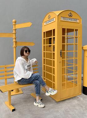 式红色话亭大型美陈铁艺复落地摆件邮筒K8路牌景观电椅古套装英厂