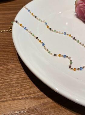 彩色方块水晶项链女纯欲风日韩轻奢小众级感百搭锁骨链颈链