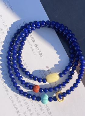 新品天然老矿料青金石手链 油亮帝王青多圈三圈手串珠链规格4.3mm