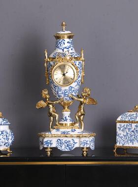 新古典铜包瓷花瓶果盘摆件套装 中式手绘青花瓷器 奢华软装饰品