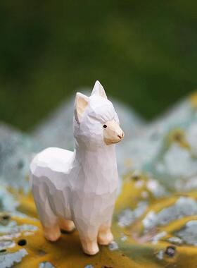 鹿妖商店 可爱羊驼 纯手工天然木雕摆件 实木动物雕塑 艺术家居