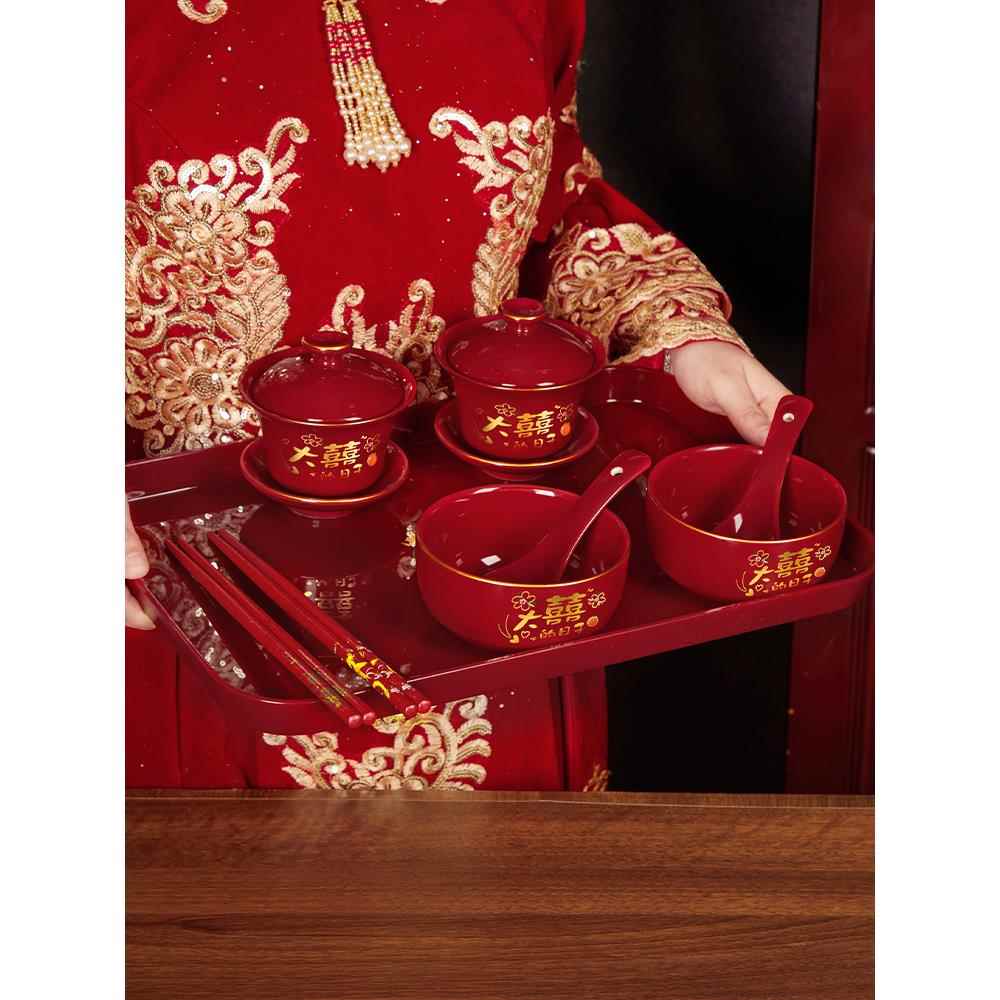 Jingdezhen tea cup, wedding bowl, wedding event, red modified lid, bowl, tea set, pair of bowls and chopsticks set, dowry items