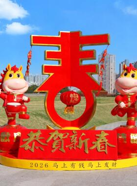 2026马年玻璃钢雕塑摆件商场公园卡通IP大号吉祥物春节喜庆装饰品