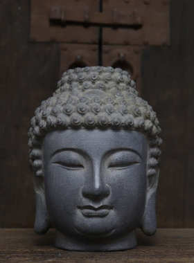 所中式佛头古典天然青石摆件石雕仿古复古怀旧会陈设家居