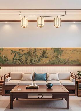 客厅沙发床头横向壁画横梁腰线壁纸新中式长条山水画宋代美学墙布