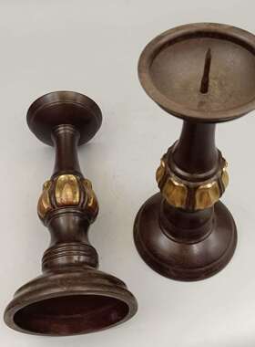 古玩铜器收藏铜摆件 红铜鎏金 荷苞光面铜蜡台一对家居装饰工艺品