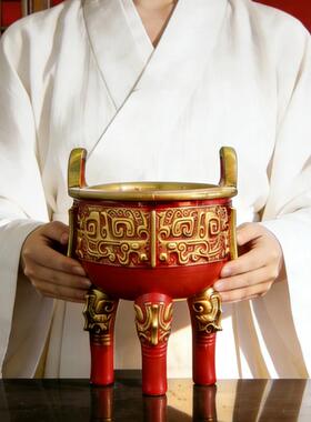 陶瓷三足圆形香炉鼎彷青铜金色红色家用大号双耳香炉供奉插香香炉