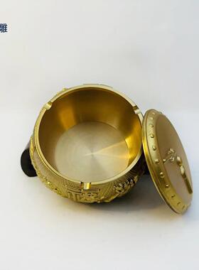 黄铜烟灰缸摆件密封储存收纳盒黄铜浮雕立体福虎茶叶罐