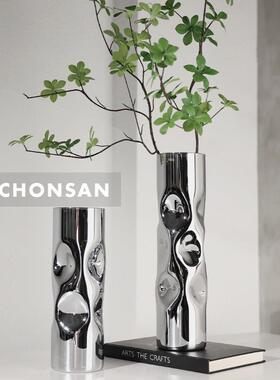现代轻奢玻璃花瓶摆件居家样板间客厅茶几玄关柜银色餐厅花器