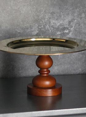 新中式复古实木底座果盘摆件样板房酒店售楼处桌面高脚干果甜品碟